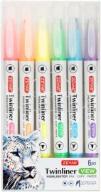 Набор двусторонних текстовыделителей Zeyar тонкие флуоресцентные 6 штук