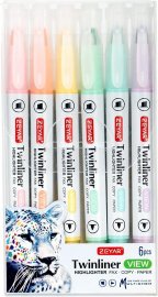 Набор двусторонних текстовыделителей Zeyar тонкие пастельные Macaron 6 штук